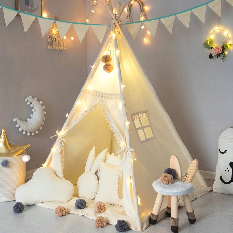 TreeBud Kids Teepee Tent with Padded Mat, Banner, Fairy Lights, Yarn Ball, Carry Bag, Beige Cotton Canvas Play Tent for Child with Tassels Lace, Play House Tipi for Kids Room Decor - Image 1
